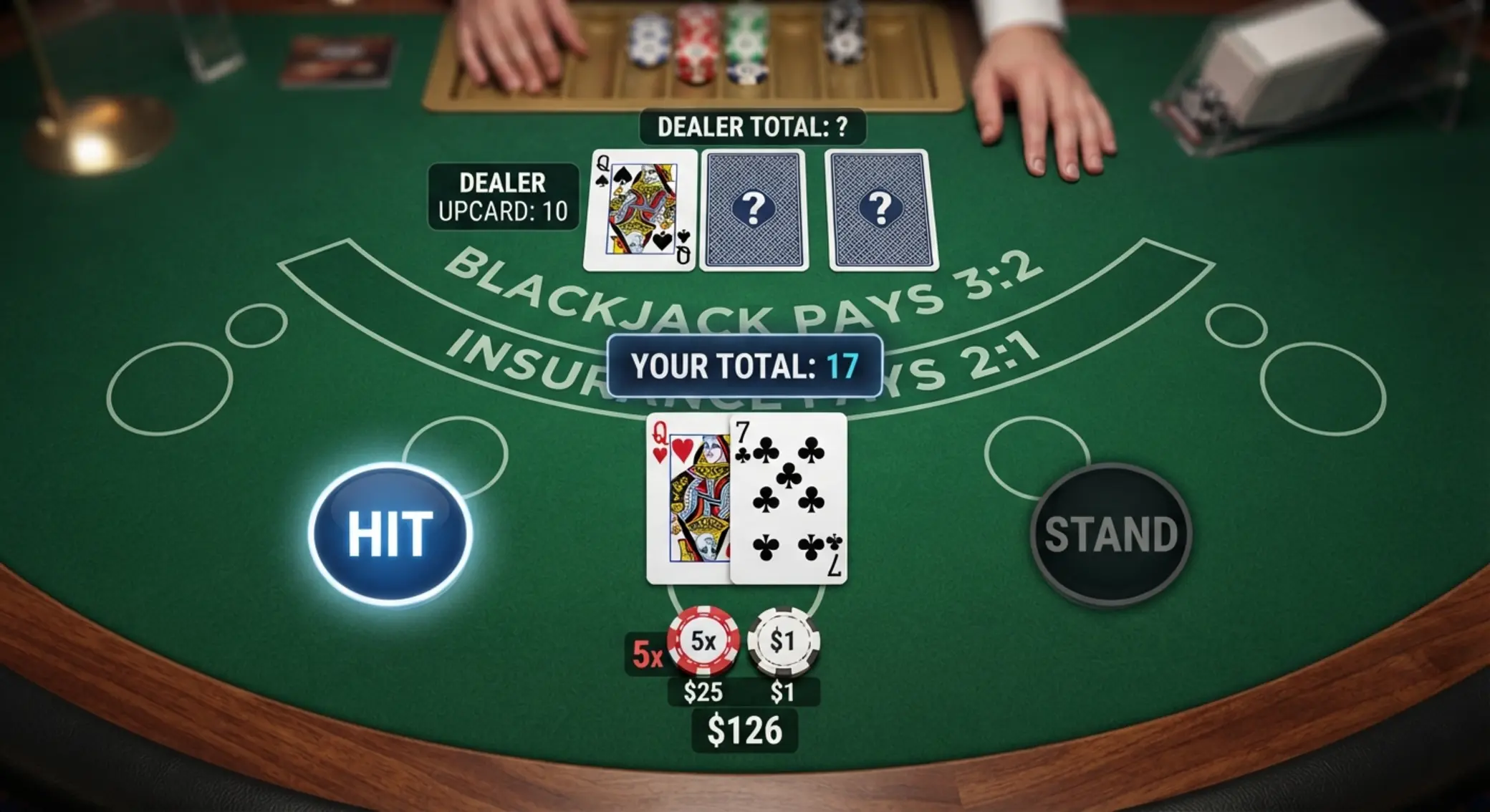 Kluczowe decyzje w blackjacku online Przykładowe rozdanie blackjacka z decyzjami hit i stand