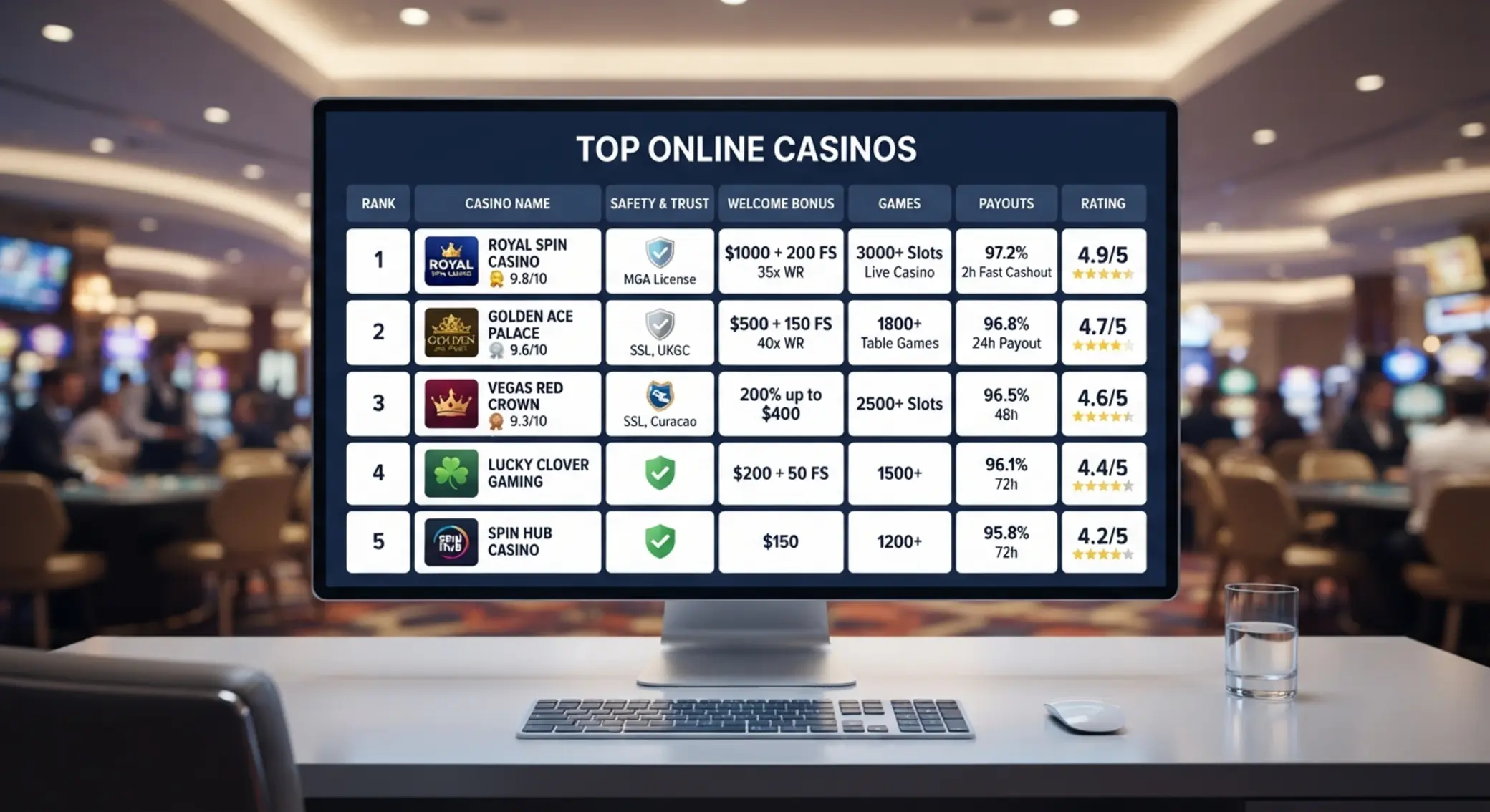 Ranking kasyn online Ilustracja rankingu kasyn online z oceną bezpieczeństwa, gier i bonusów