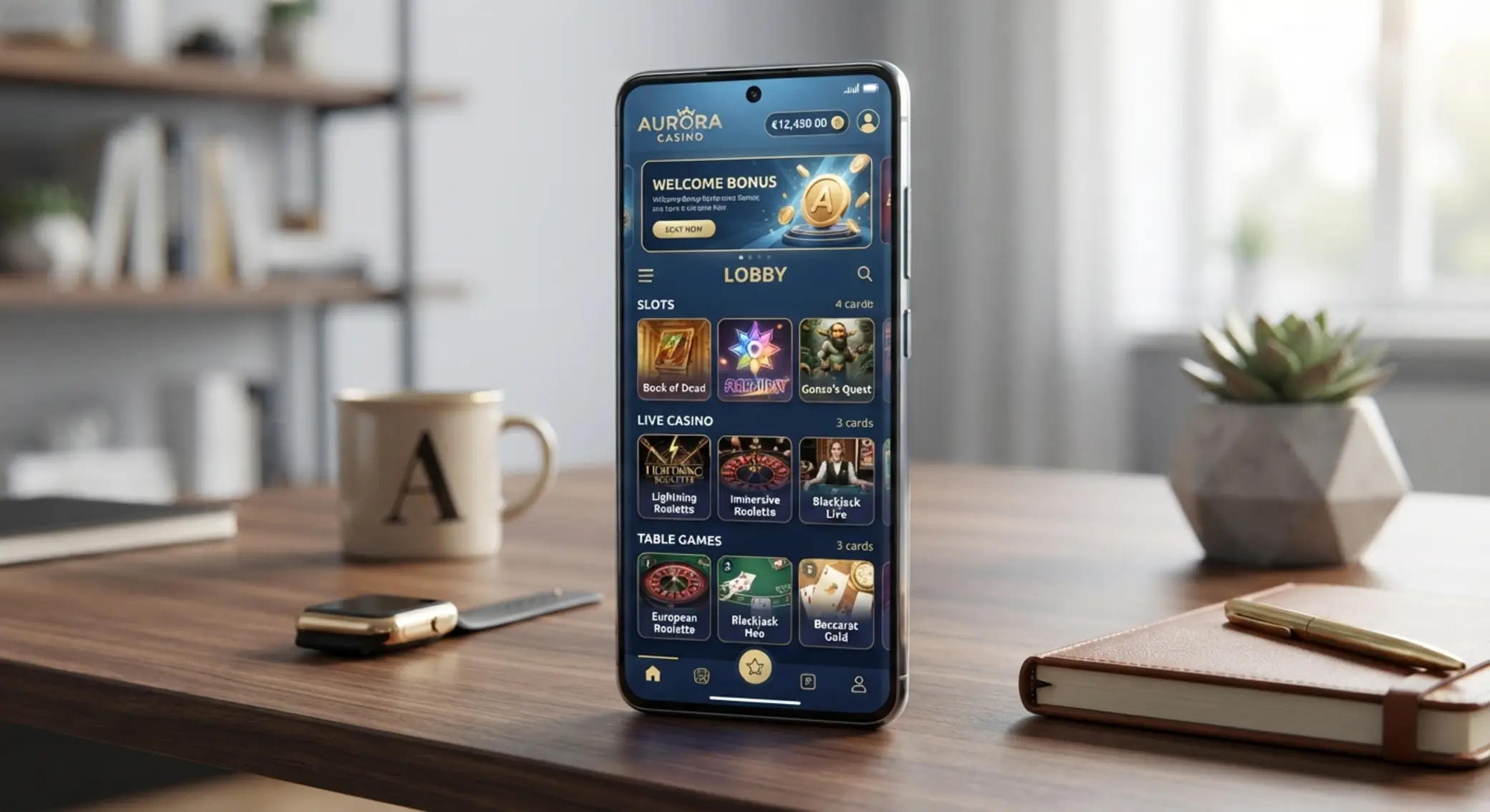 Interfejs aplikacji kasynowej na ekranie telefonu z Androidem