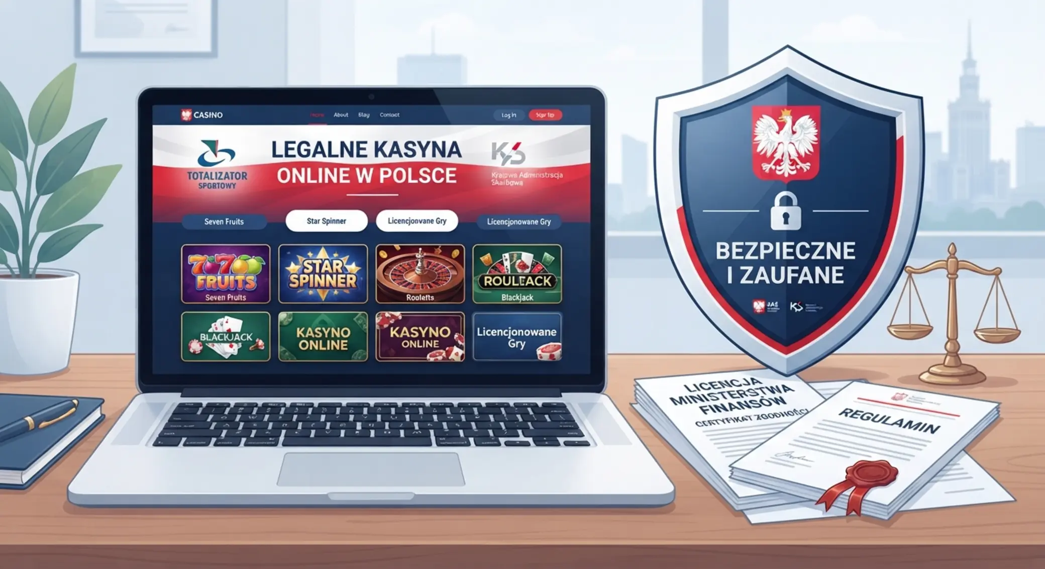 Jak rozpoznać legalne kasyno internetowe w Polsce Ilustracja legalnych kasyn internetowych w Polsce z symbolem prawa i bezpieczeństwa