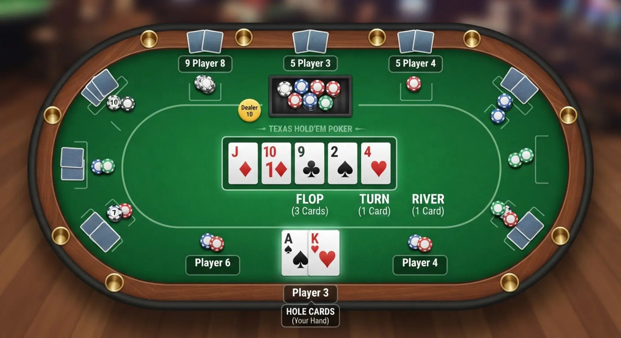 Texas Hold’em i karty wspólne Ilustracja stołu Texas Hold’em z kartami wspólnymi
