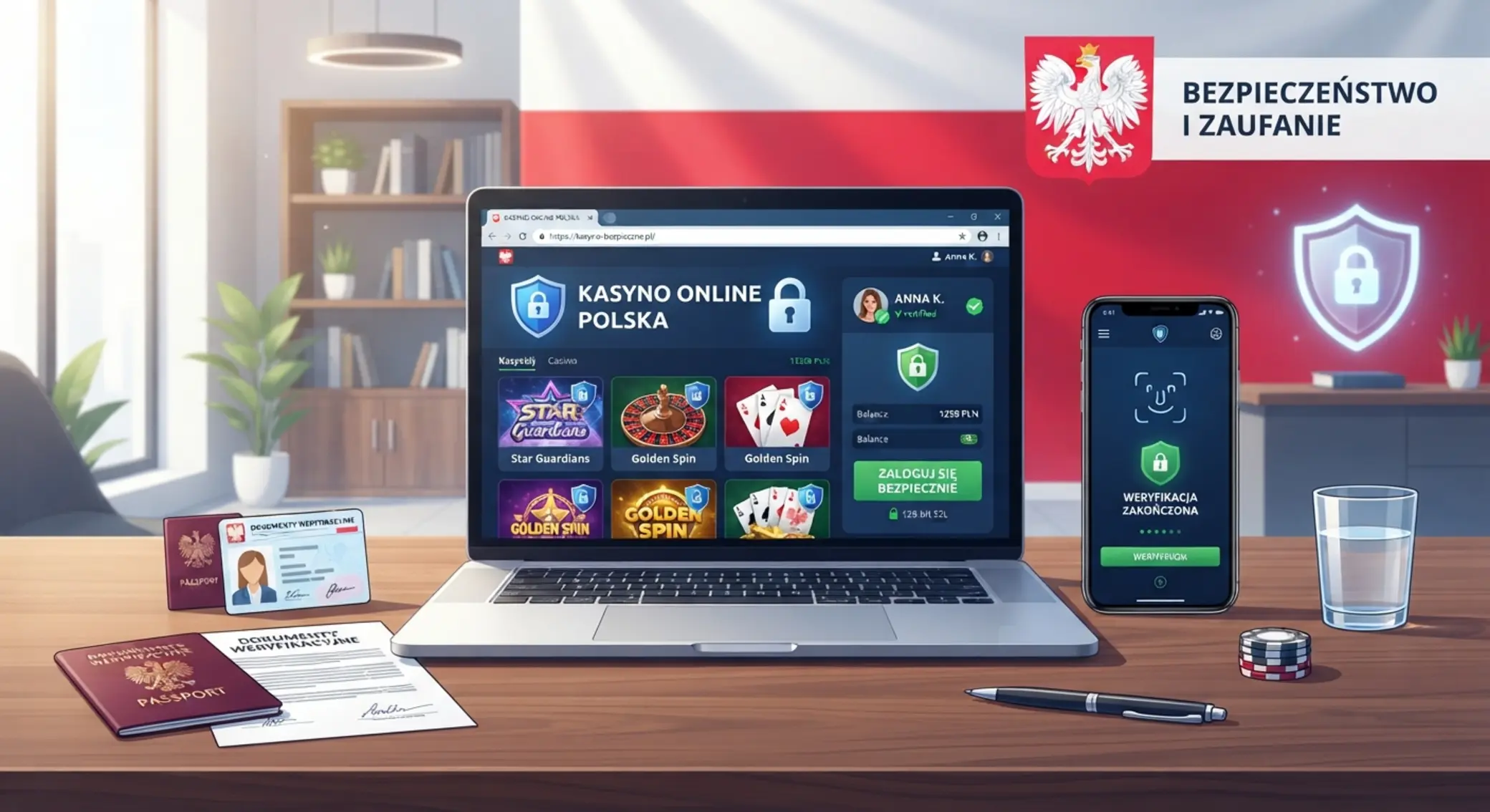 Ilustracja bezpiecznej gry online i weryfikacji konta